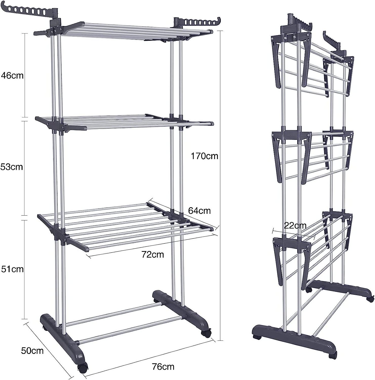 Oversized 4-Tier Foldable Metal Movable Drying Rack with 4 castors 24 Drying Poles & 14 Hooks for Bed Linen and Clothing