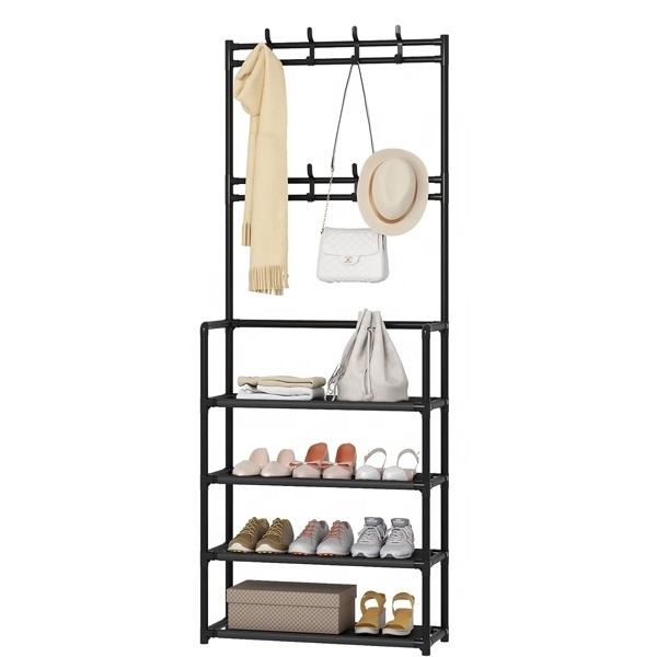 4-Tier Coat and Shoe Rack Entryway Coat Rack Hallway Bench Storage Organizer with 8 Hooks for Living Room