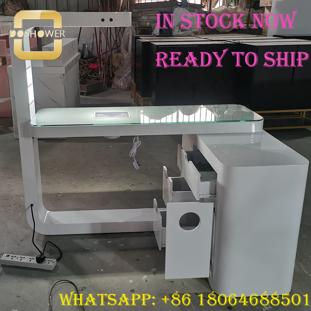 glass top nail bar tables and chair set supplier with ready to ship nail technician table for manicure table nail bar wholesaler