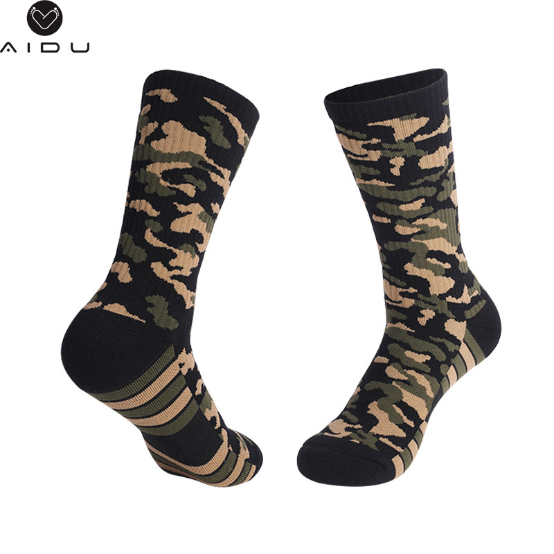 High quality mens army green socks cotton nylon ribbed camouflage terry socks