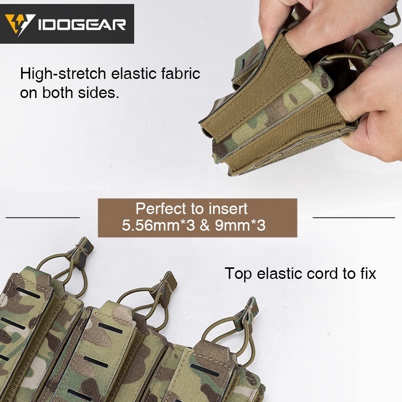 IDOGEAR Triple Mag Pouch Elastic Tactical Open Top MOLLE Kangaroo Magazine Pouch for for  5.56mm & 9mm Mags