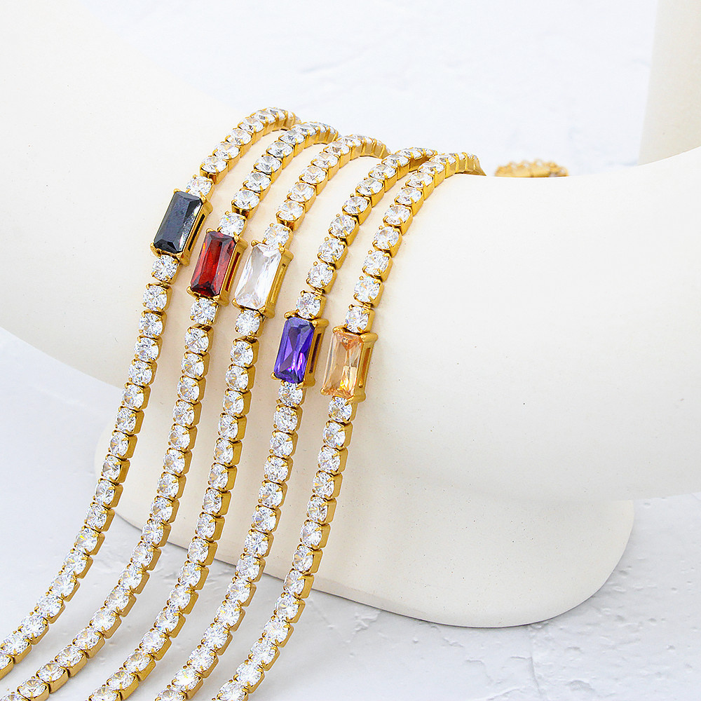 Anti-Allergic 18K Gold Plated Colorful Zircon Bracelet Necklace Stainless Steel Iced Out CZ Zirconia Tennis Chain Necklace