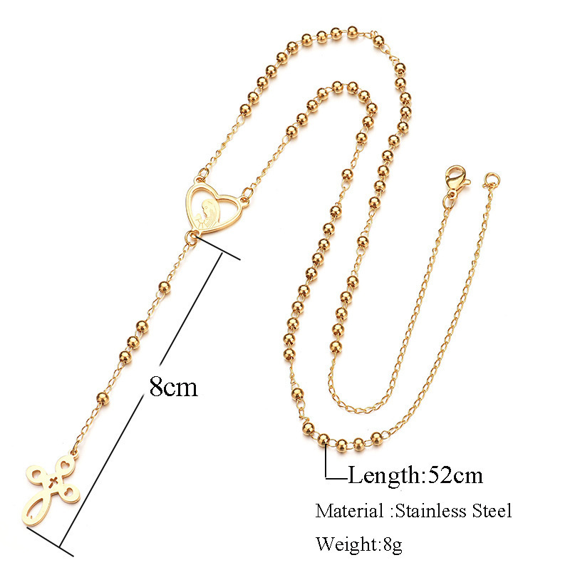 Women  Stainless Steel Long Gold Rosary Beads Necklace Gold Jesus Virgin Mary Cross Pendant Necklace