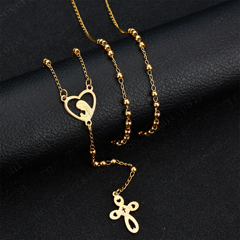 Women  Stainless Steel Long Gold Rosary Beads Necklace Gold Jesus Virgin Mary Cross Pendant Necklace