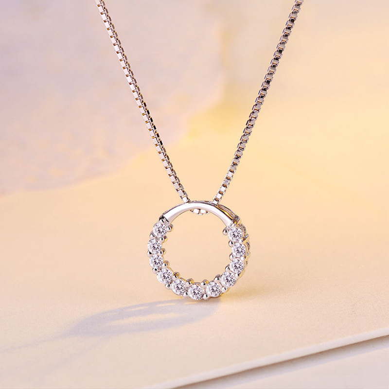 New Fashion Jewelry 925 Sterling Silver Circle Pendant Necklace Geometric Cubic Zirconia Hollow Ring Pendant Necklace For Women