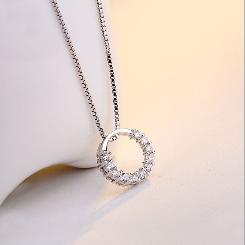 New Fashion Jewelry 925 Sterling Silver Circle Pendant Necklace Geometric Cubic Zirconia Hollow Ring Pendant Necklace For Women