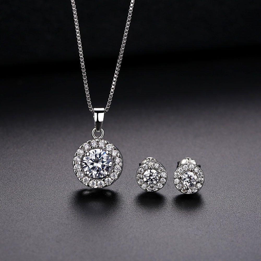 Aliexpress Hotsale Bridal 18K White Gold Plated Round Cut Clear Crystal Cubic Zirconia CZ Earrings Necklace Wedding Jewelry Set