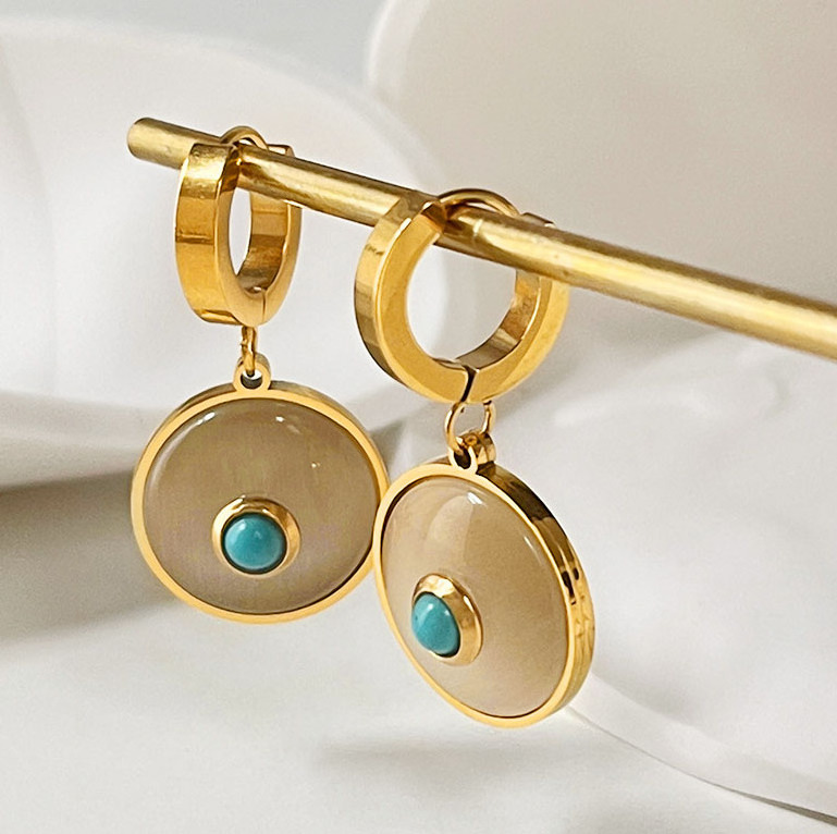 Waterproof 18K Gold Plated Stone Pendant Earring Stainless Steel White Opal Round Hoop Huggie Earring for Ladies