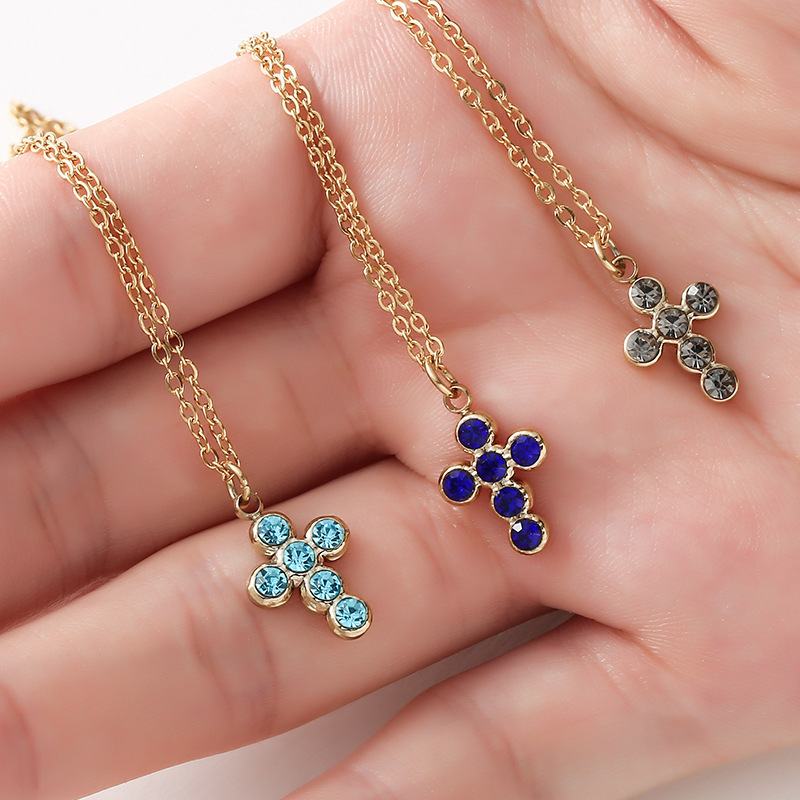 Non Tarnish 18K Gold Plated Titanium Steel Colorful Stone Cross Necklace Stainless Steel Blue Crystal Cross Pendant Necklace