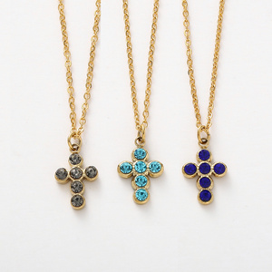 Non Tarnish 18K Gold Plated Titanium Steel Colorful Stone Cross Necklace Stainless Steel Blue Crystal Cross Pendant Necklace