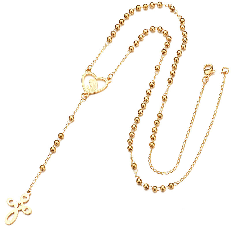 Women  Stainless Steel Long Gold Rosary Beads Necklace Gold Jesus Virgin Mary Cross Pendant Necklace