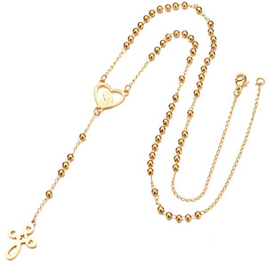 Women  Stainless Steel Long Gold Rosary Beads Necklace Gold Jesus Virgin Mary Cross Pendant Necklace