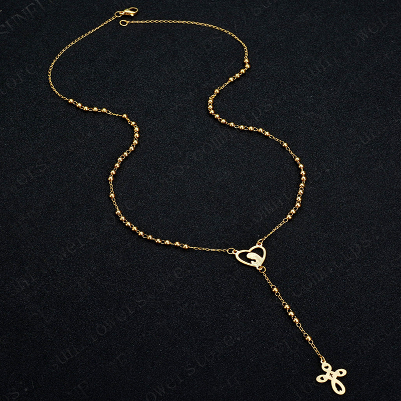 Women  Stainless Steel Long Gold Rosary Beads Necklace Gold Jesus Virgin Mary Cross Pendant Necklace