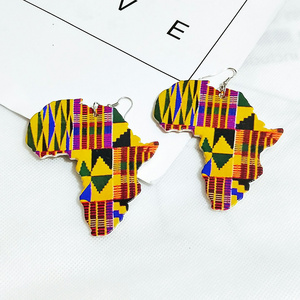 Hot Selling Jewelry Africa Map Outline Wood Earring African Colorful Printed Stripes Geometric Earrings For Women