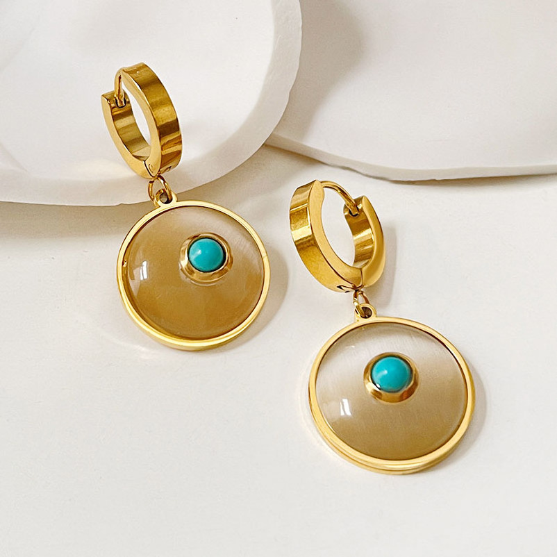 Waterproof 18K Gold Plated Stone Pendant Earring Stainless Steel White Opal Round Hoop Huggie Earring for Ladies