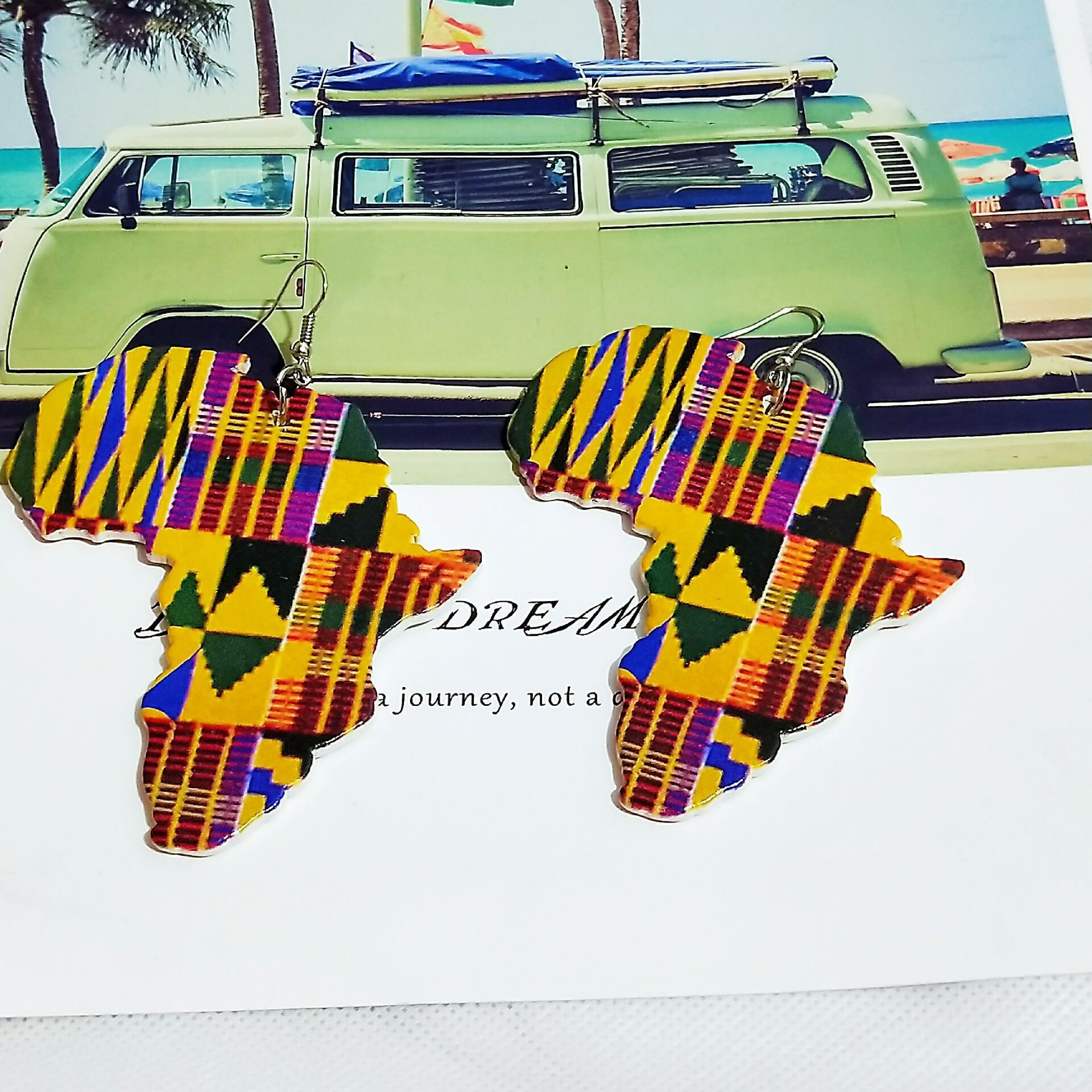 Hot Selling Jewelry Africa Map Outline Wood Earring African Colorful Printed Stripes Geometric Earrings For Women