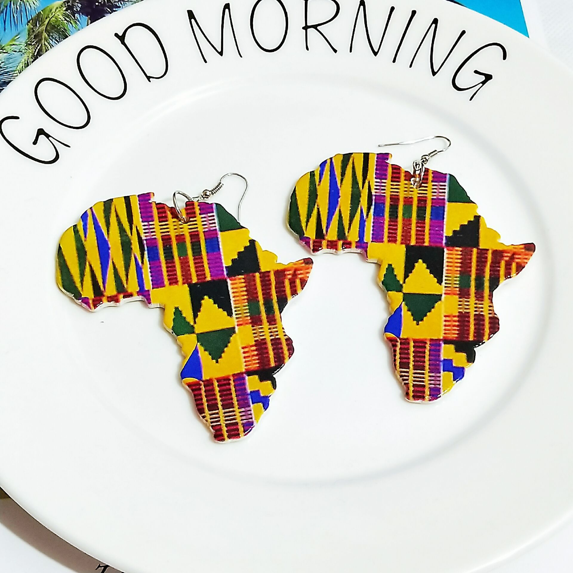 Hot Selling Jewelry Africa Map Outline Wood Earring African Colorful Printed Stripes Geometric Earrings For Women