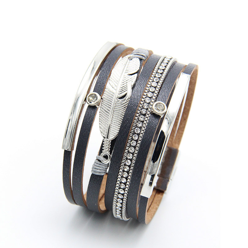 New Arrival Bohemian Ethnic Feather Multilayer Leather Wrap Cuff Charm Bracelet Magnetic Buckle Leather Wrap Bracelet For Men