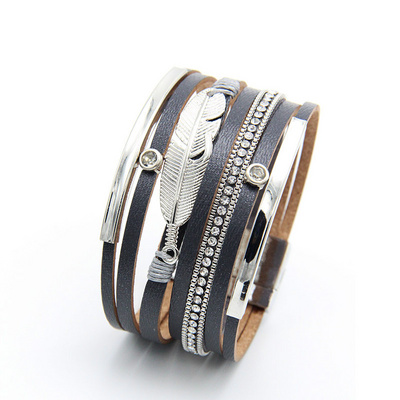 New Arrival Bohemian Ethnic Feather Multilayer Leather Wrap Cuff Charm Bracelet Magnetic Buckle Leather Wrap Bracelet For Men