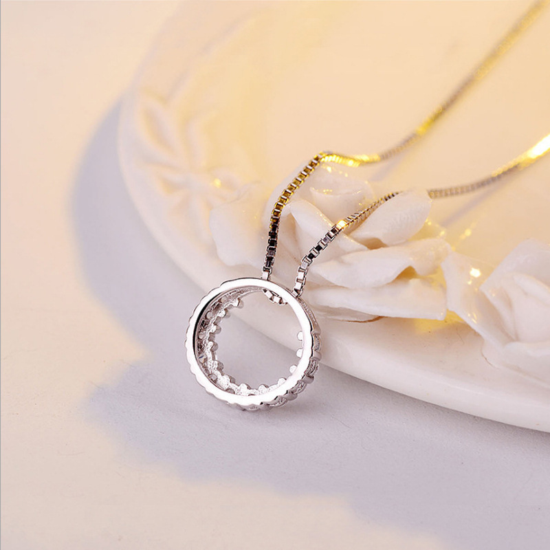 New Fashion Jewelry 925 Sterling Silver Circle Pendant Necklace Geometric Cubic Zirconia Hollow Ring Pendant Necklace For Women