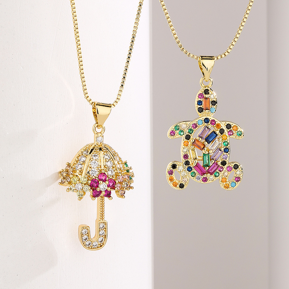 2023 New Arrival Colorful Cubic Zircon Turtle Shape Necklace Chic Gold Plated Full Diamond Umbrella Pendant Necklace