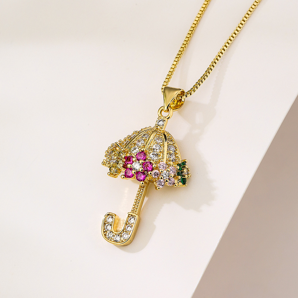 2023 New Arrival Colorful Cubic Zircon Turtle Shape Necklace Chic Gold Plated Full Diamond Umbrella Pendant Necklace