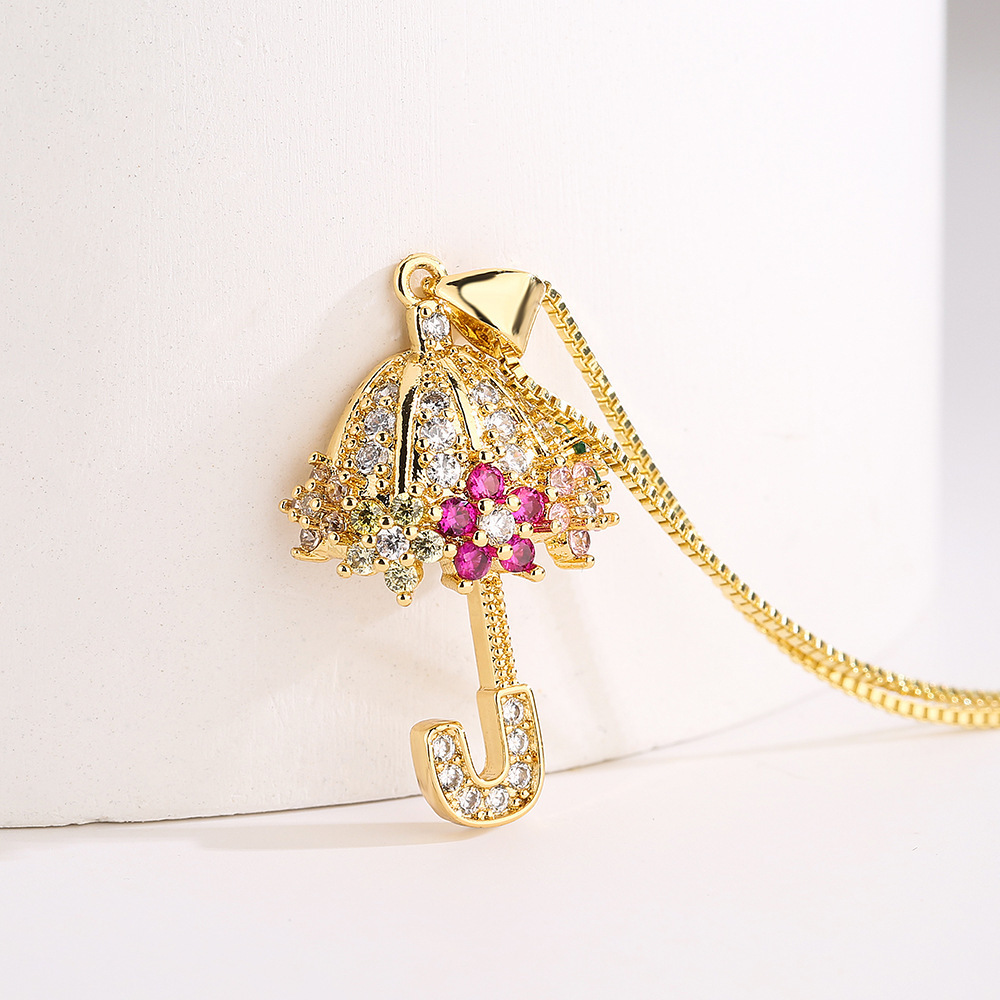 2023 New Arrival Colorful Cubic Zircon Turtle Shape Necklace Chic Gold Plated Full Diamond Umbrella Pendant Necklace