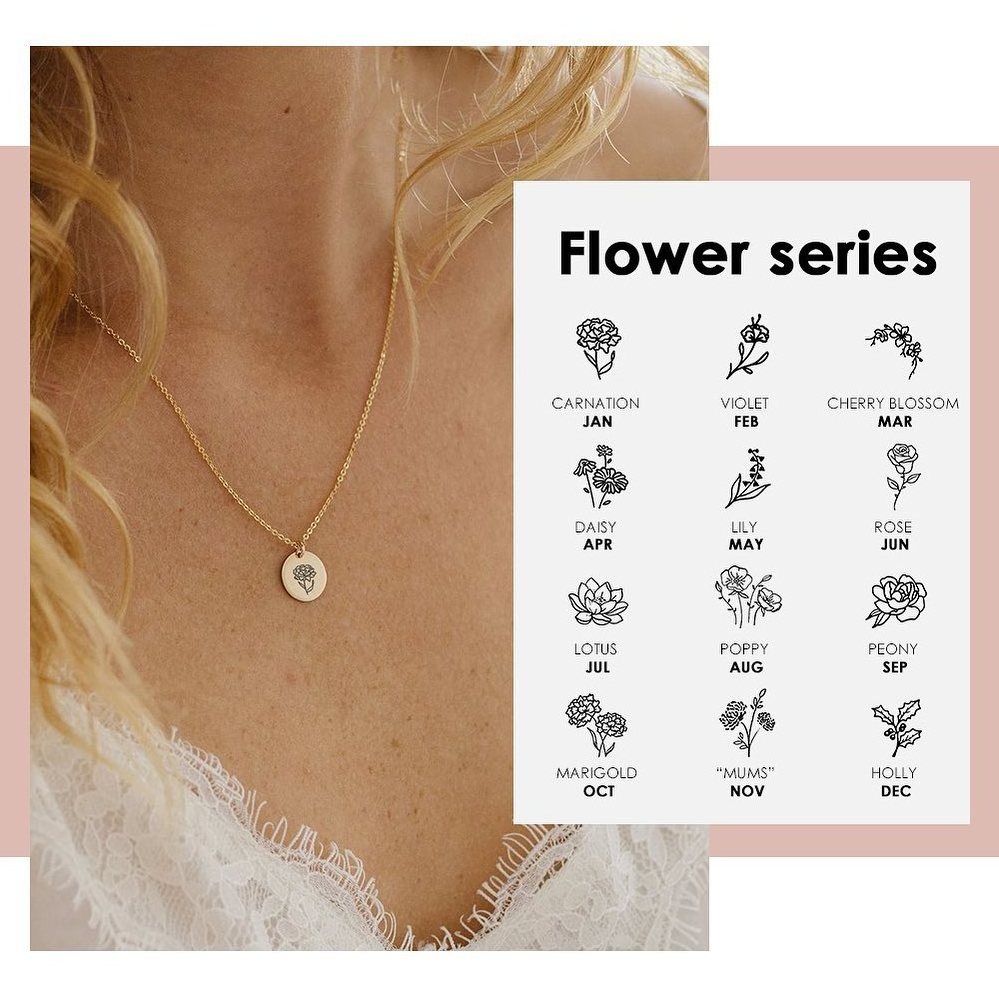 18K Gold Plated Combined Birth Month Flower Disc Necklace Custom Name Stainless Steel 12 Birthday Flower Coin Pendant Necklace