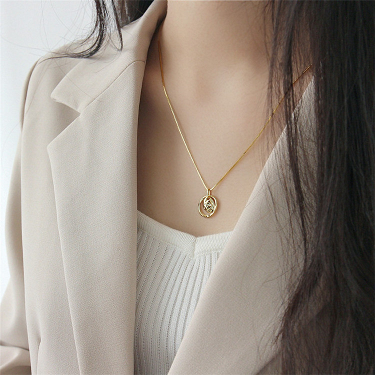 Gold Plated Concave Surface Round Circle Pendant Necklace S925 Sterling Silver Hammered Irregular Ring Disc Pendant Necklace