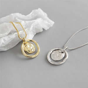 Gold Plated Concave Surface Round Circle Pendant Necklace S925 Sterling Silver Hammered Irregular Ring Disc Pendant Necklace