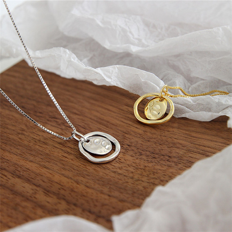 Gold Plated Concave Surface Round Circle Pendant Necklace S925 Sterling Silver Hammered Irregular Ring Disc Pendant Necklace