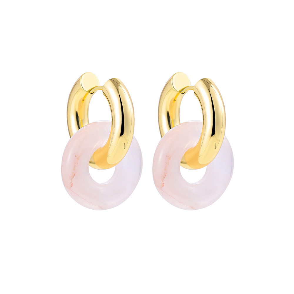 High Grade Stainless Steel Round Circle Natural Stone Hoop Earring Pink White Hollow Circle Natural Stone Earring