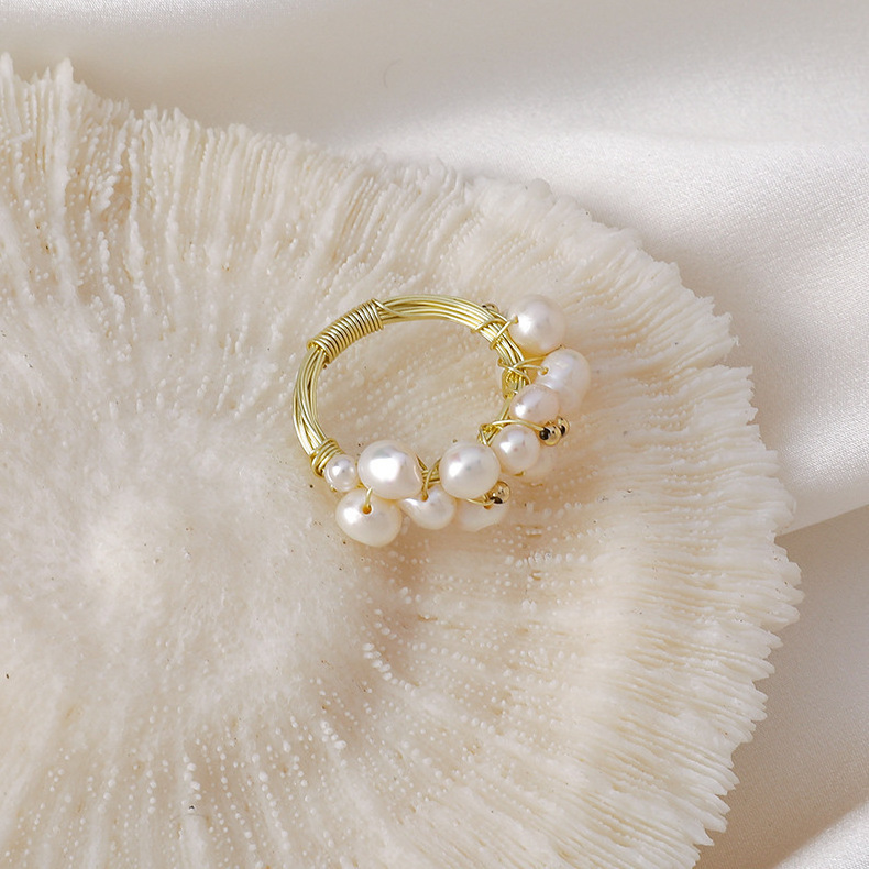 Fashion Genuine Pink Freshwater Pearl Ring High Luster Cultured Pearl Tiny Gold Seed Beaded Ring