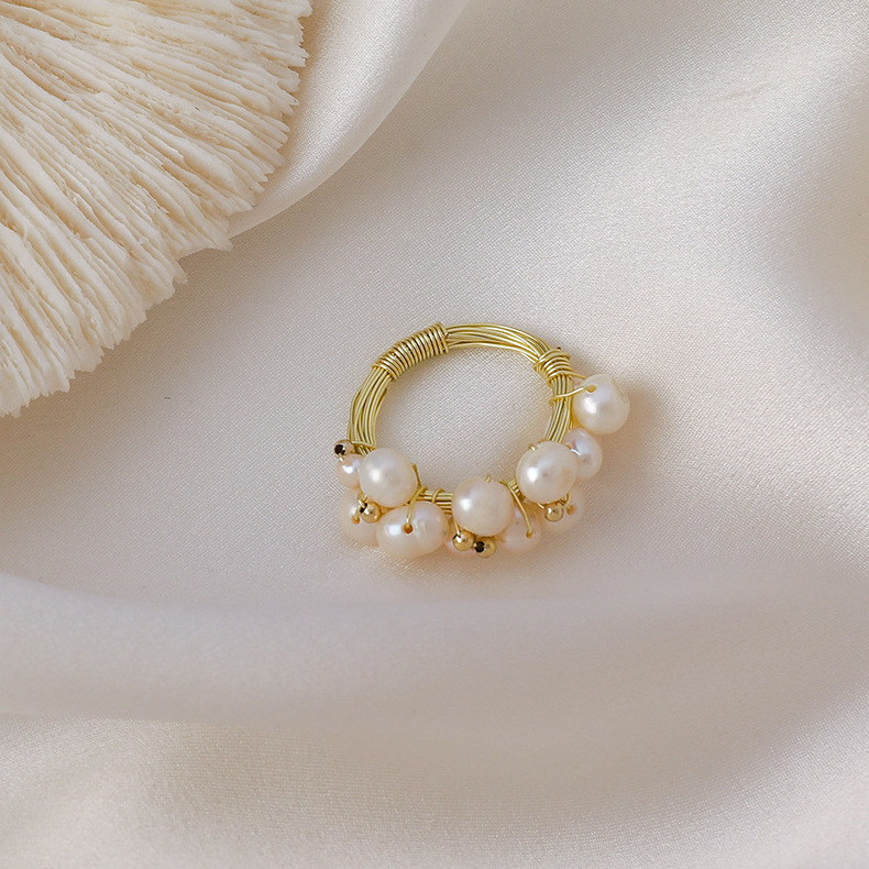 Fashion Genuine Pink Freshwater Pearl Ring High Luster Cultured Pearl Tiny Gold Seed Beaded Ring