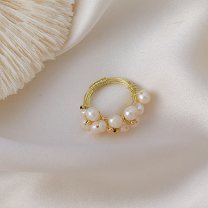 Fashion Genuine Pink Freshwater Pearl Ring High Luster Cultured Pearl Tiny Gold Seed Beaded Ring