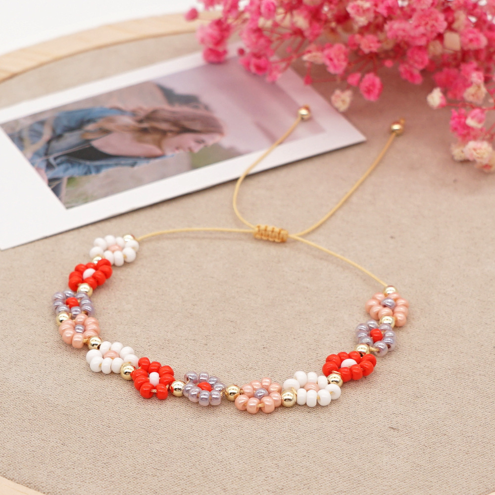 Ins Sweet Design White Red Flower Charm Bracelet Handmade Woven Miyuki Seed Beads Flower Bracelet