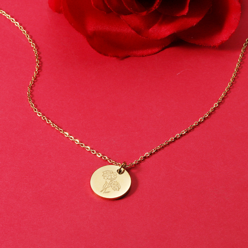 18K Gold Plated Combined Birth Month Flower Disc Necklace Custom Name Stainless Steel 12 Birthday Flower Coin Pendant Necklace