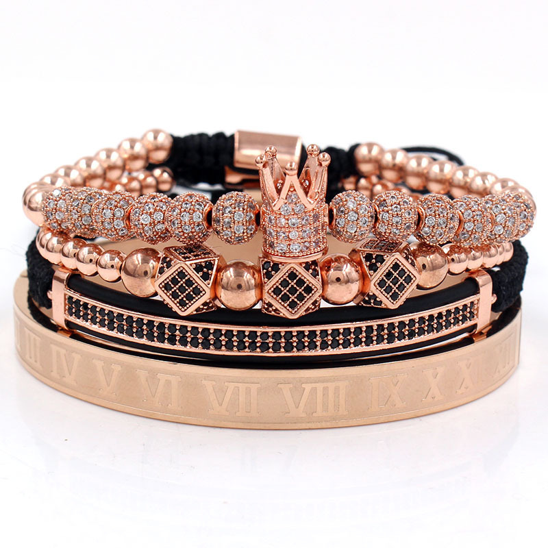 Luxury 4Pcs/Set Men's Gold Crown Bracelet Set Stainless Steel Numbers Engraved Bangle CZ Crown Braided Macrame Bracelets