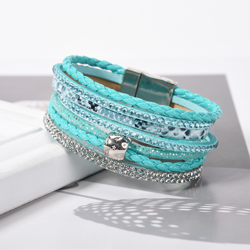 Boho Multi Layer Leather Wrap Bracelet Braided Cuff Crystal Bead Bracelets Bangle Rhinestone Magnetic Clasp Bracelet for Women