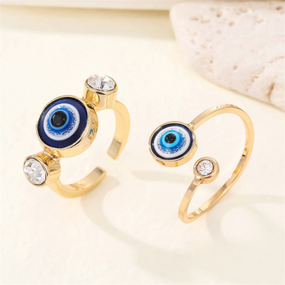 Turkey Jewelry Fashion Zircon Blue Evil Eyes Opening Ring Adjustable Crystal Resin Eye Ring For Girls