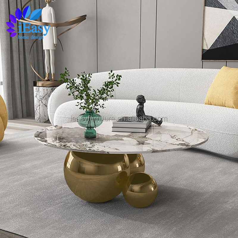 Wholesale living room art furniture gold stainless steel 3 ball base coffee table Italian style round marble top coffee table