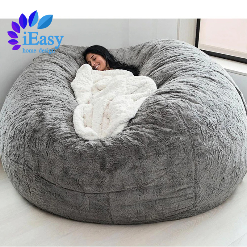 iEasy furniture free sample 7ft fur fabric living room lazy sofa bed giant bean bag cover soft big round bean bag chair sofa