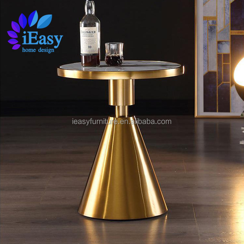 iEasyFurniture Modern White Marble Brushed Stainless Steel Gold Metal Base Small Round Side Table Corner Metal End Tea Table