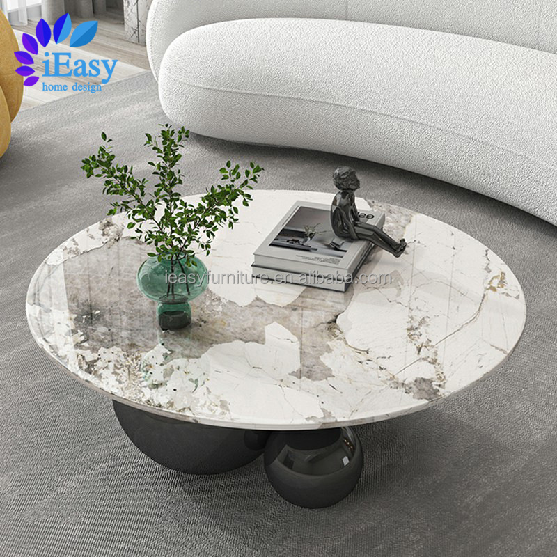 Wholesale living room art furniture gold stainless steel 3 ball base coffee table Italian style round marble top coffee table