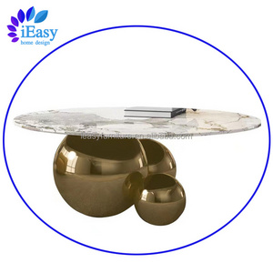 Wholesale living room art furniture gold stainless steel 3 ball base coffee table Italian style round marble top coffee table