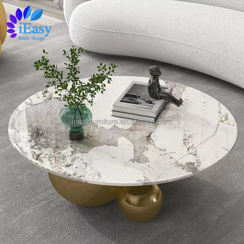 Wholesale living room art furniture gold stainless steel 3 ball base coffee table Italian style round marble top coffee table