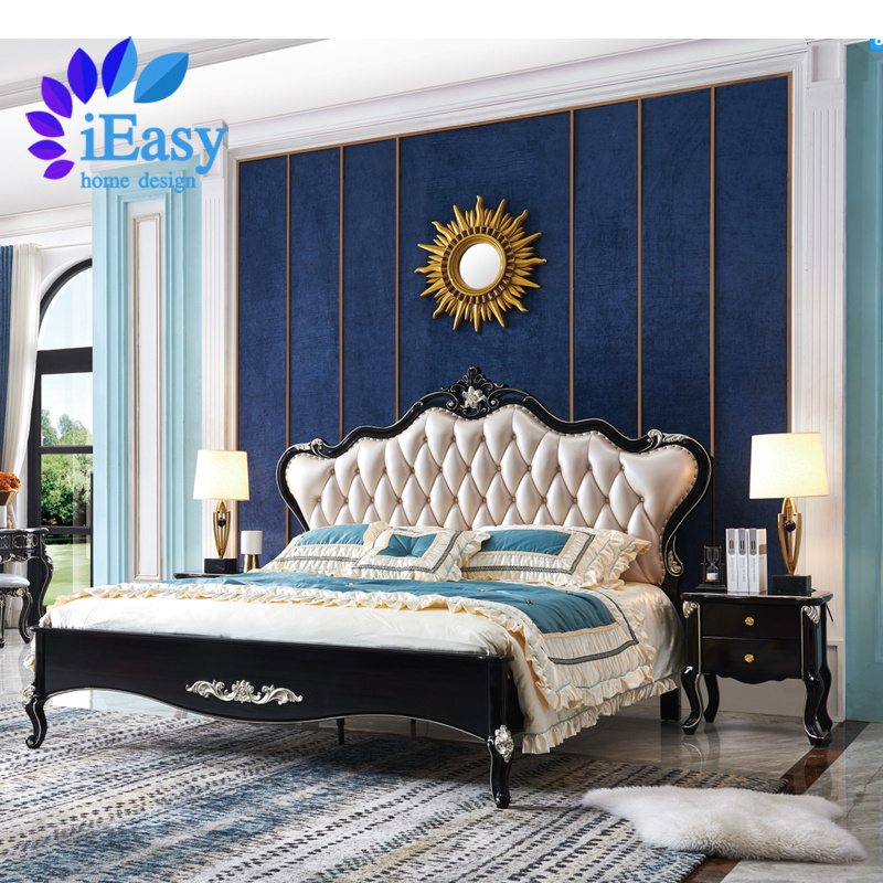 iEasy American luxury style bedroom furniture queen king size bed frame 100% genuine leather headboard upholstered platform