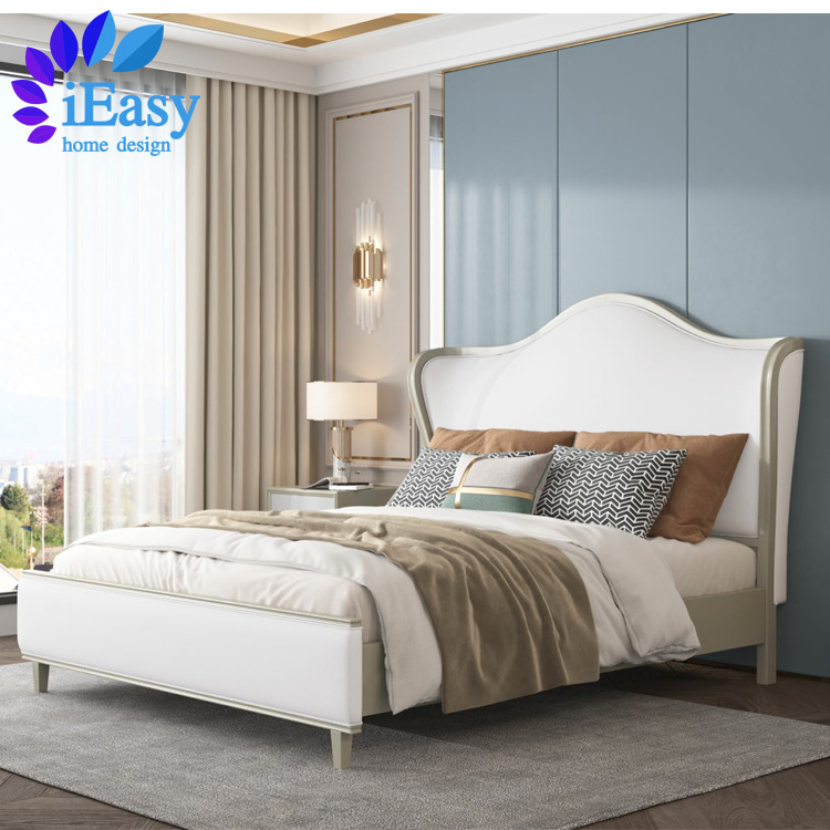 iEasy American luxury style bedroom furniture queen king size bed frame 100% genuine leather headboard upholstered platform