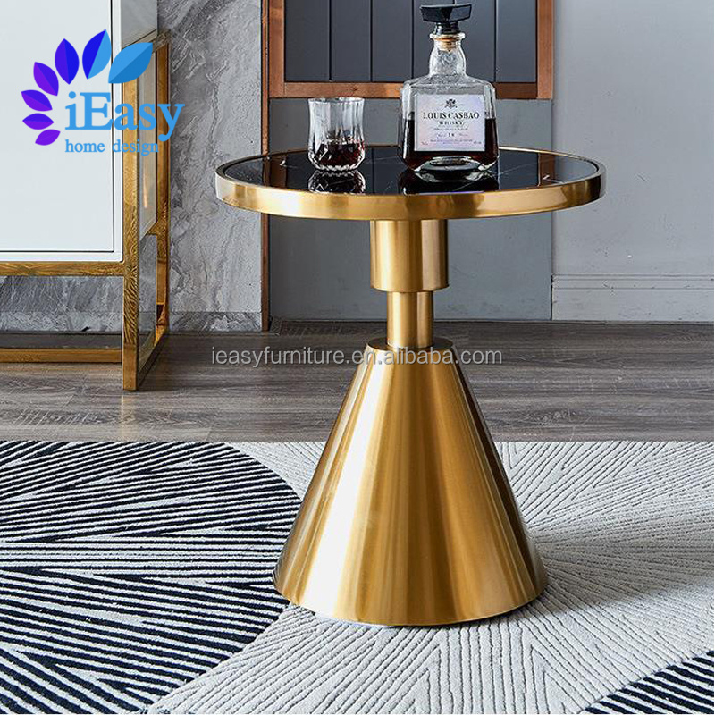 iEasyFurniture Modern White Marble Brushed Stainless Steel Gold Metal Base Small Round Side Table Corner Metal End Tea Table