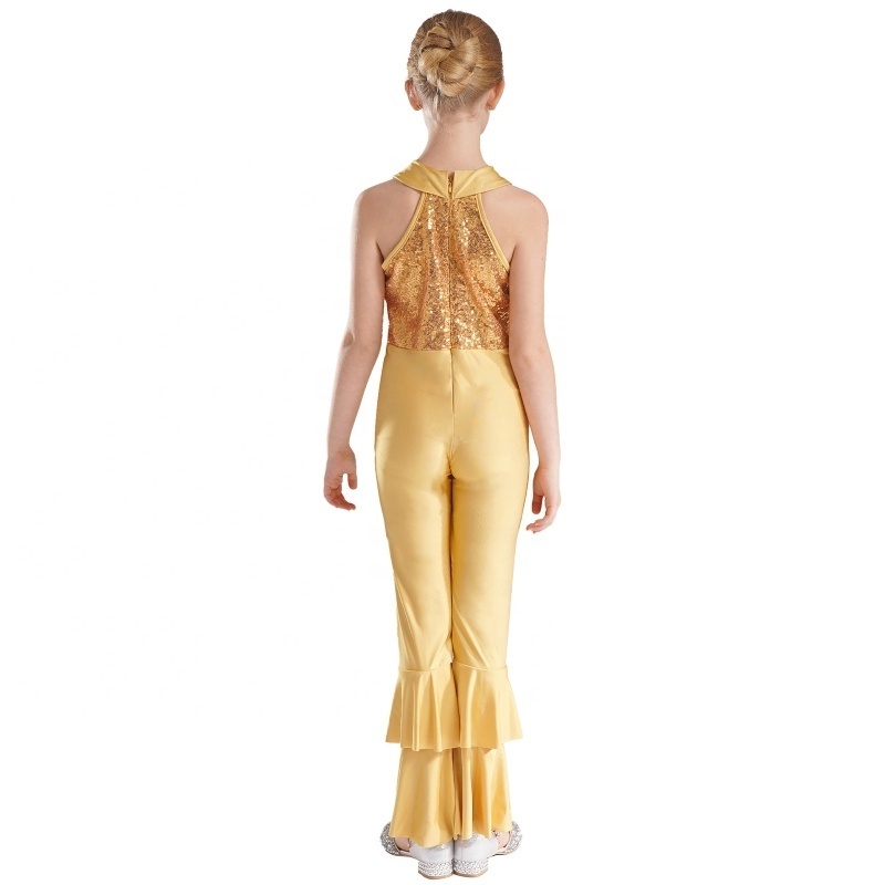 Kids Girls Sleeveless Turndown Collar Shiny Sequins Zipper Closure Long Pants Style Dance Leotards